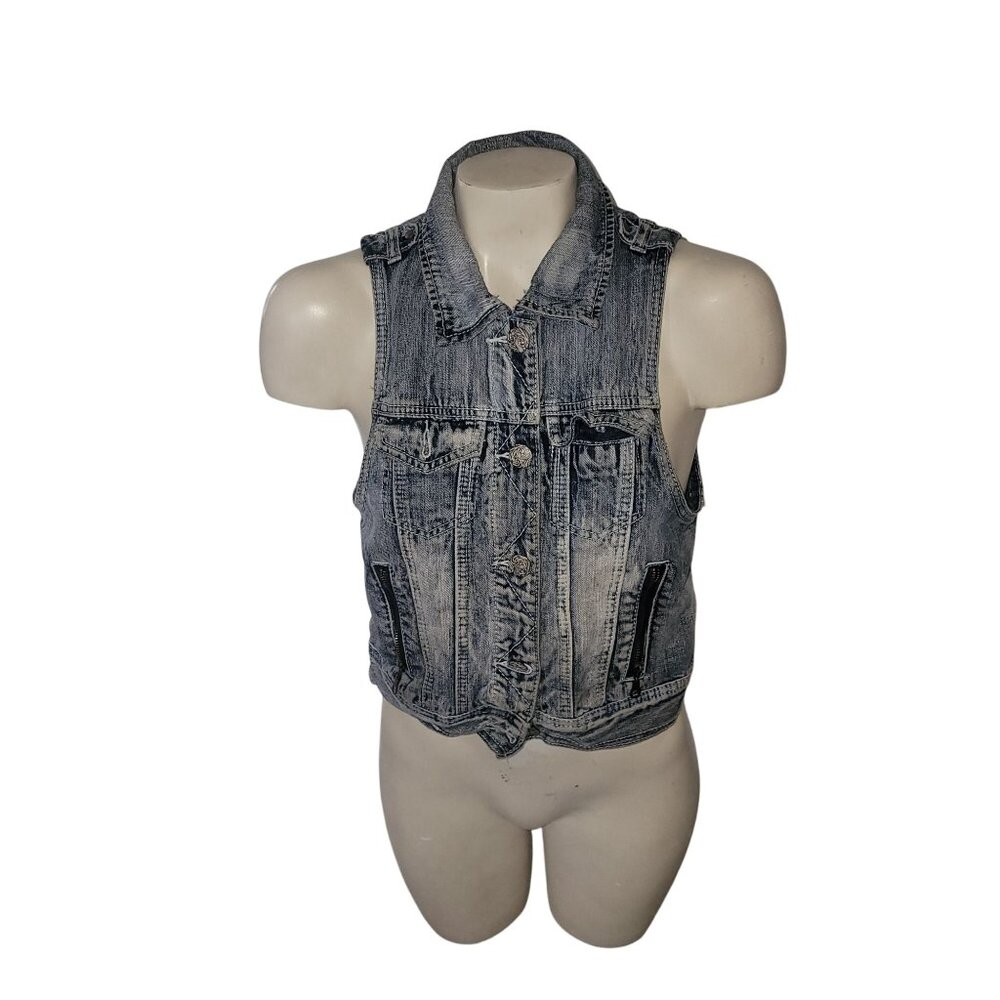 Distressed Denim Sleeveless Cropped Vest With Button Closure